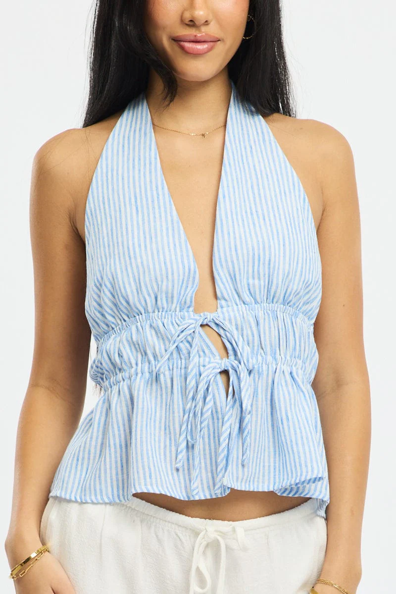 Blue Stripe Tie Up Vest Halter Neck - Image 5