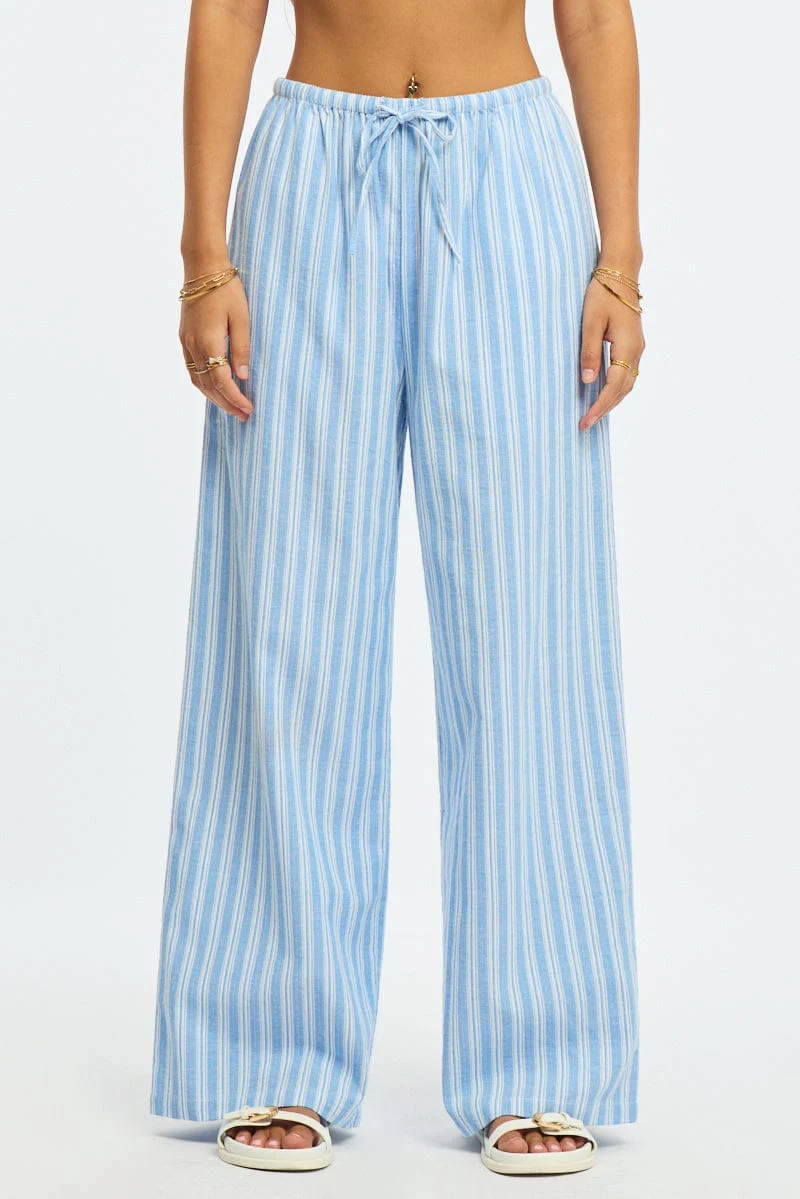 Blue Stripe Wide Leg Pants Elasticated Waist - Image 2