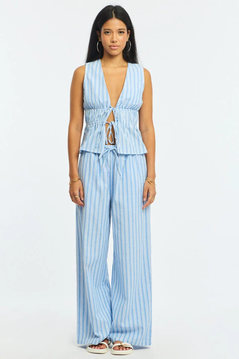 Blue Stripe Wide Leg Pants Elasticated Waist - Image 4