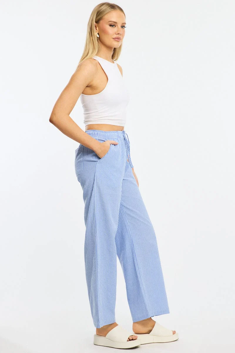 Blue Stripe Wide Leg Pants Elasticated Waist - Image 4