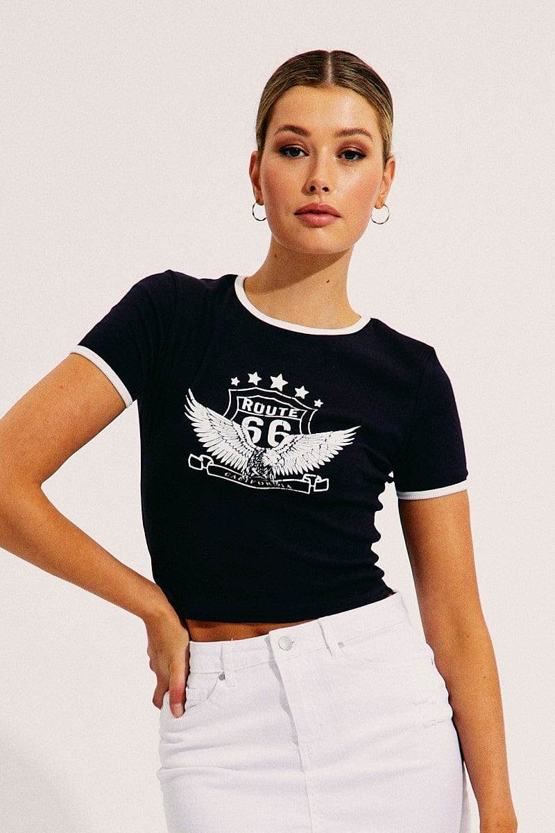 Blue T Shirt Short Sleeve Crew Neck Contrast - Image 3