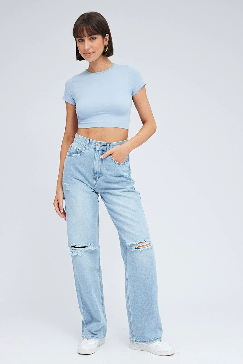 Blue T-Shirt Short Sleeve Crew Neck Seamless - Image 2