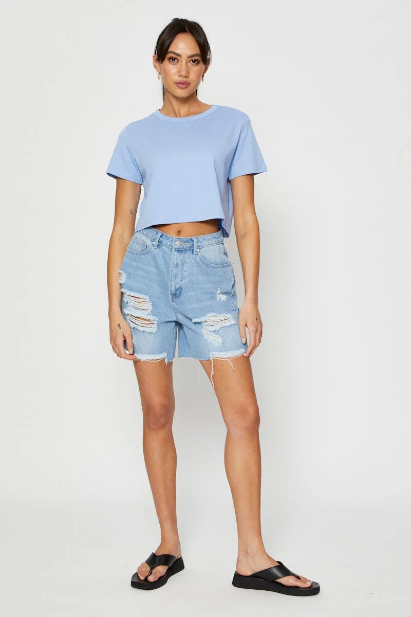 Blue T Shirt Short Sleeve Crop Crew Neck Cotton - Image 2