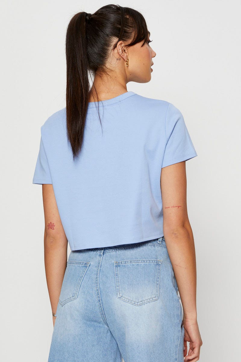Blue T Shirt Short Sleeve Crop Crew Neck Cotton - Image 5