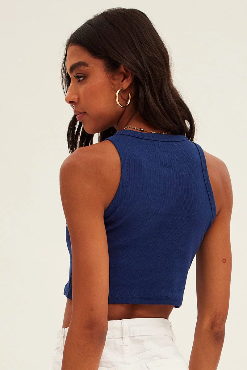 Blue Tank Top Sleeveless Round Neck New York Print Rib - Image 5