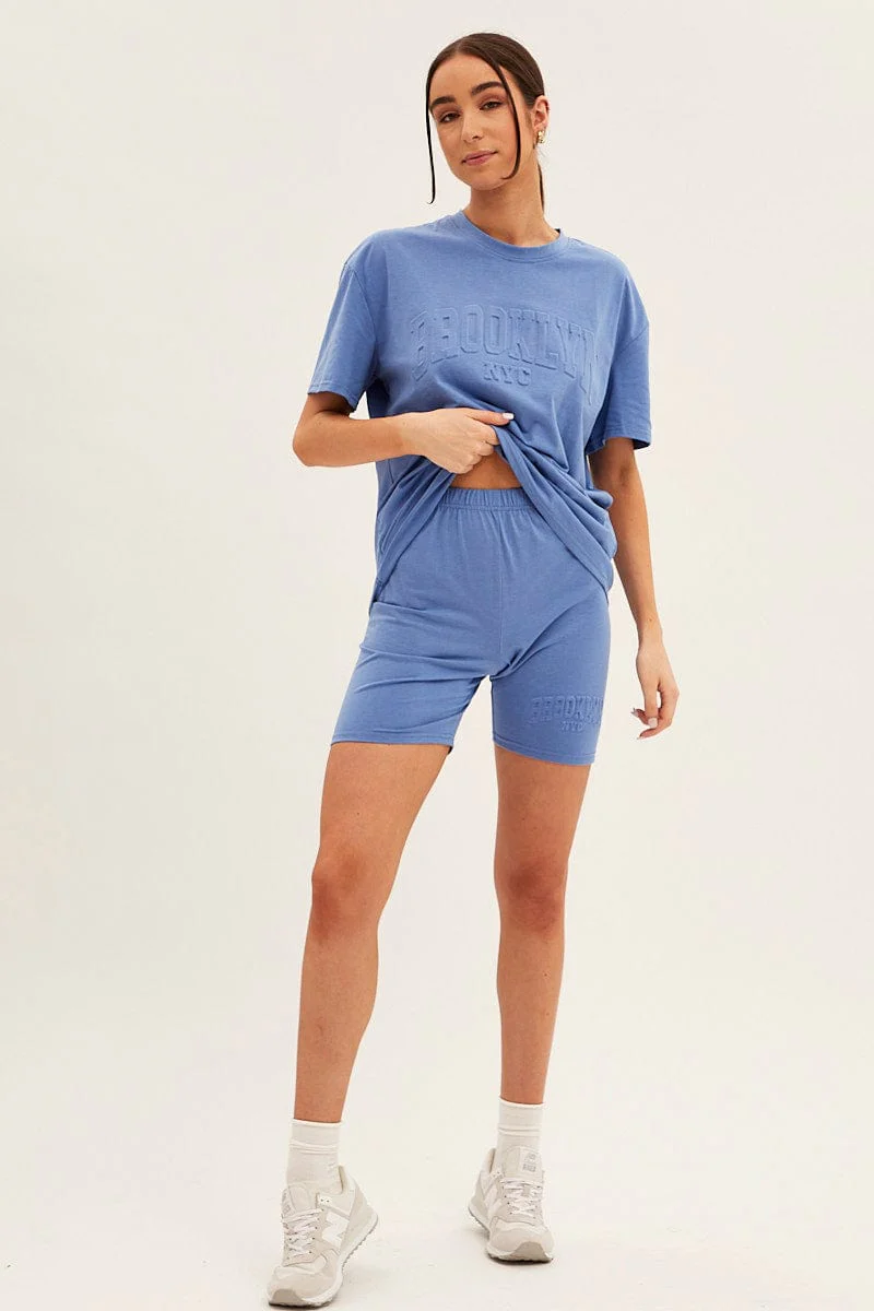 Blue Textured Tee And Biker Shorts Set - Image 2