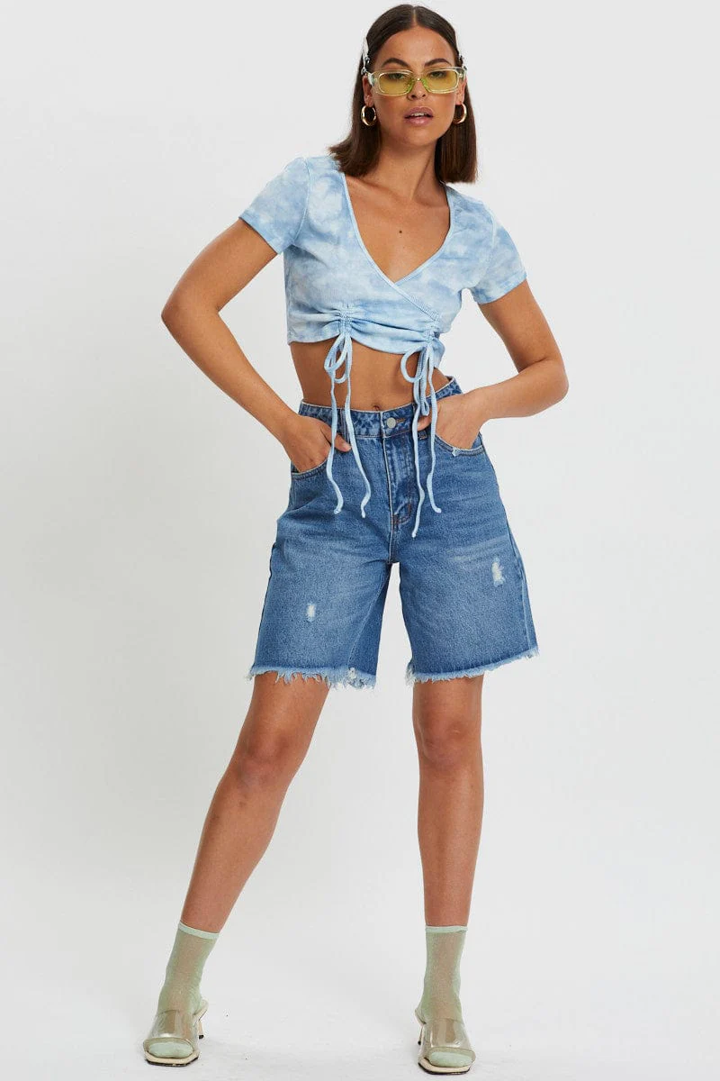 Blue Tie Dye Drawstring Ruched Top - Image 3
