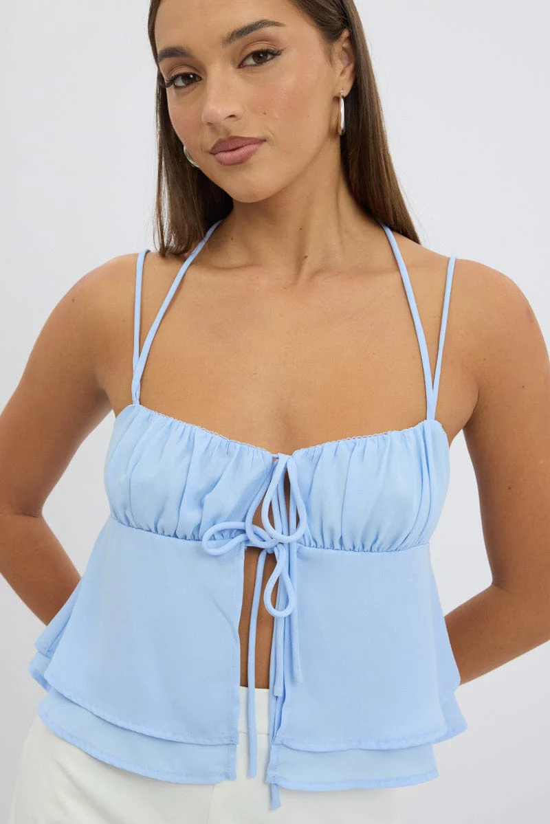 Blue Tie Front Cami Halter Neck Sleeveless - Image 3