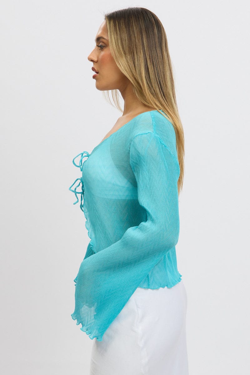 Blue Tie Up Front Top Long Sleeve Textured - Image 4