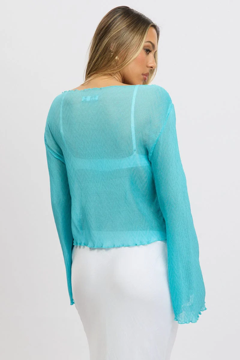Blue Tie Up Front Top Long Sleeve Textured - Image 5
