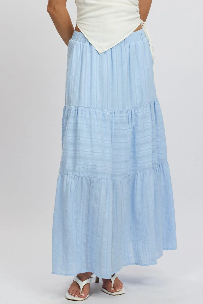 Blue Tiered Maxi Skirt High Rise Elastic Waist Lined - Image 3