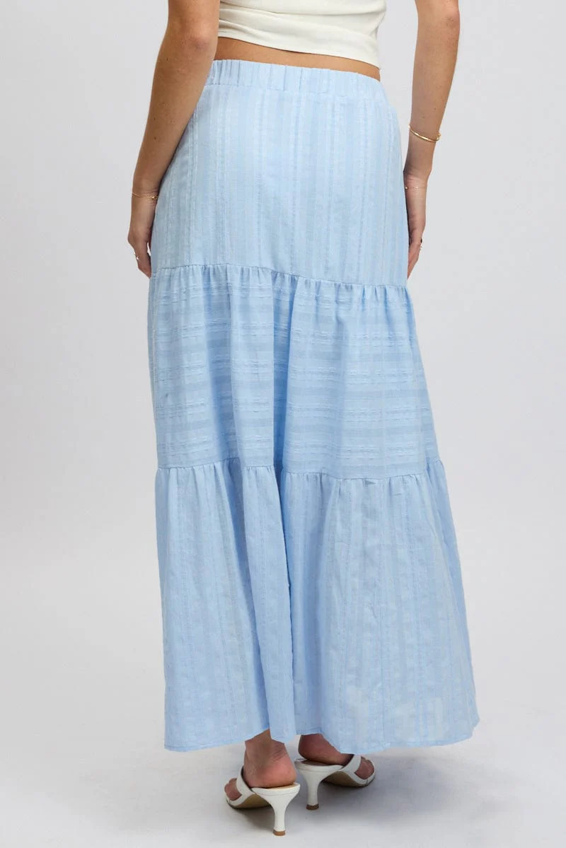 Blue Tiered Maxi Skirt High Rise Elastic Waist Lined - Image 5
