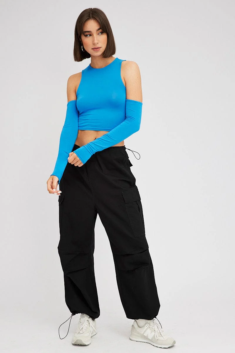 Blue Top Long Sleeve Mock Neck Cold Shoulder Jersey - Image 2