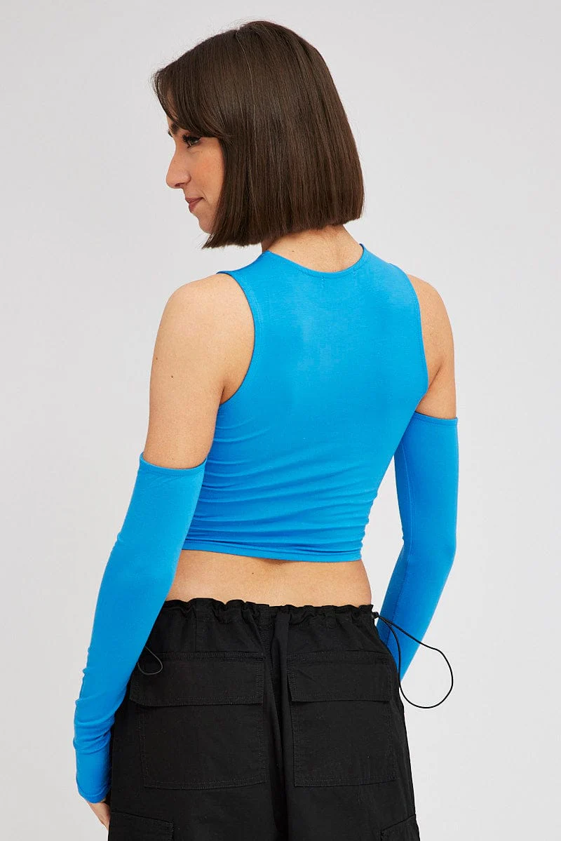 Blue Top Long Sleeve Mock Neck Cold Shoulder Jersey - Image 5