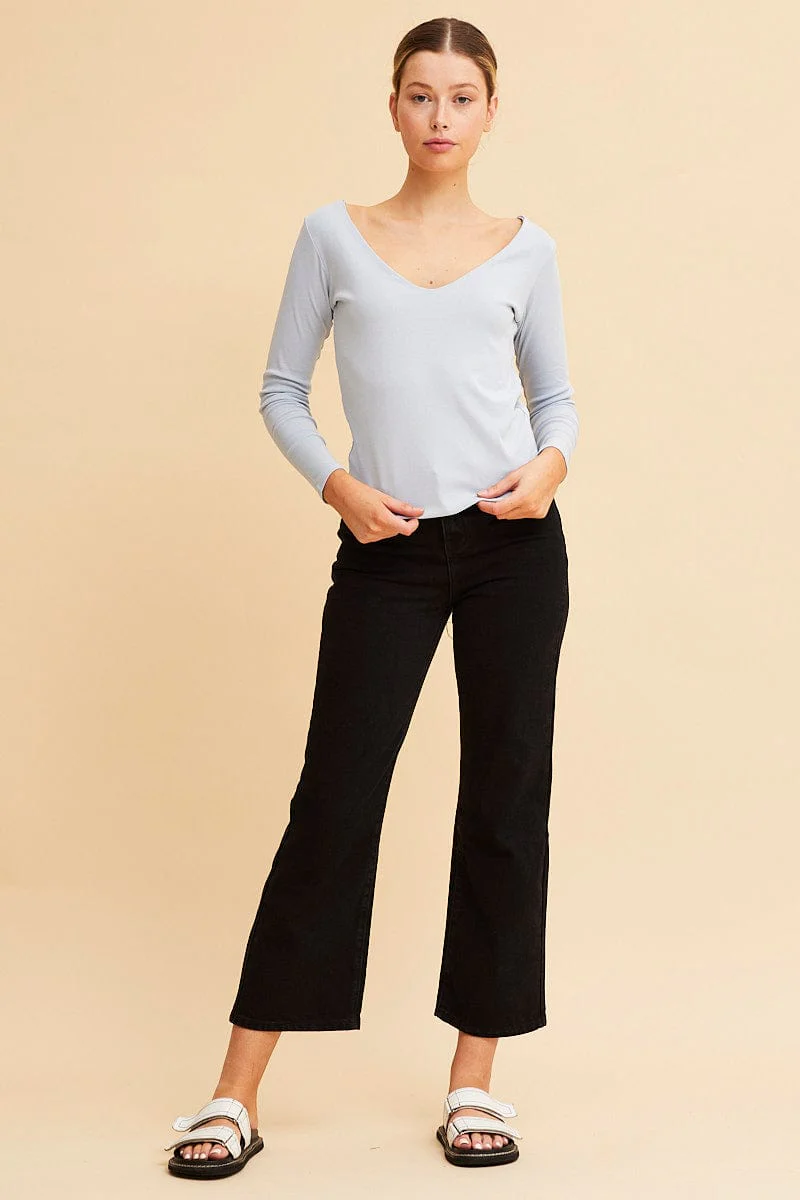 Blue V Neck Top Long Sleeve Cotton Stretch - Image 2