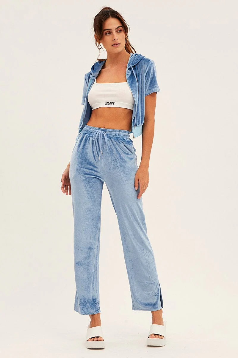 Blue Velour Short Sleeve Zip Lounge Hoodie - Image 2