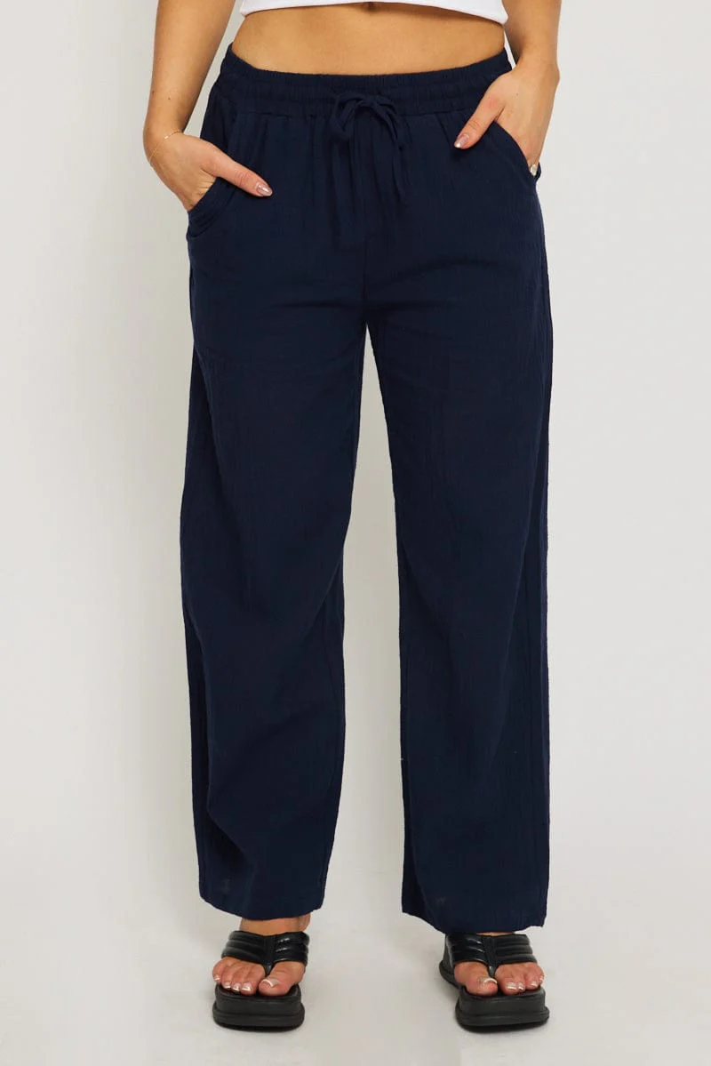 Blue Wide Leg Pants Elasticated Waist - Image 2