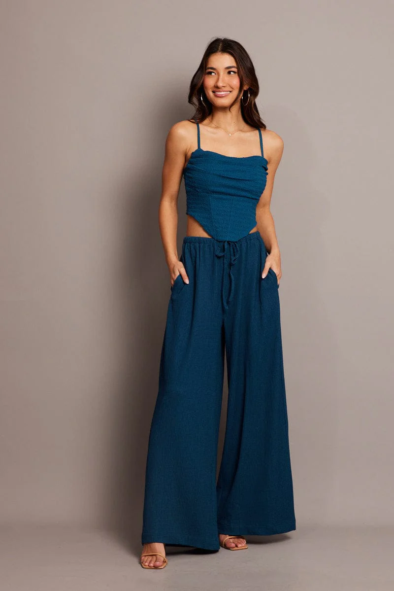 Blue Wide Leg Pants High Rise Textured Fabric - Image 3