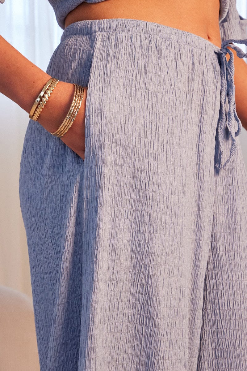 Blue Wide Leg Pants High Rise Textured Fabric - Image 6