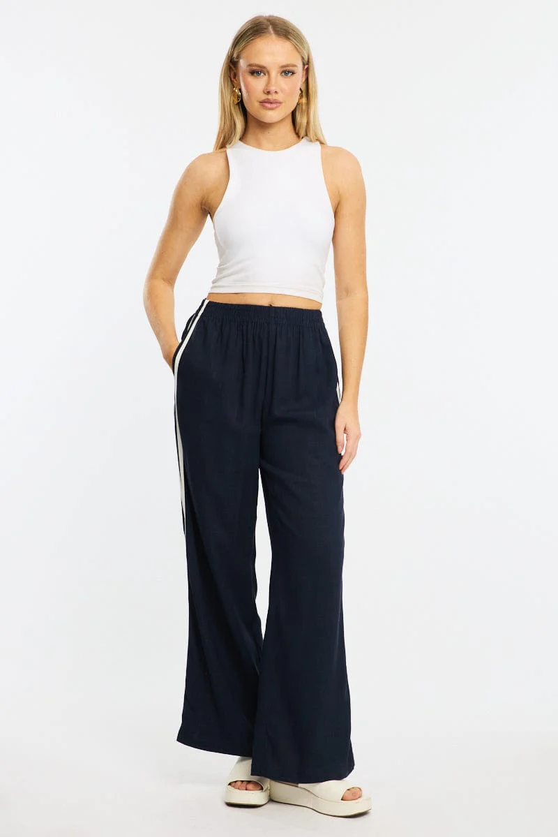 Blue Wide Leg Pants Side Stripe - Image 3
