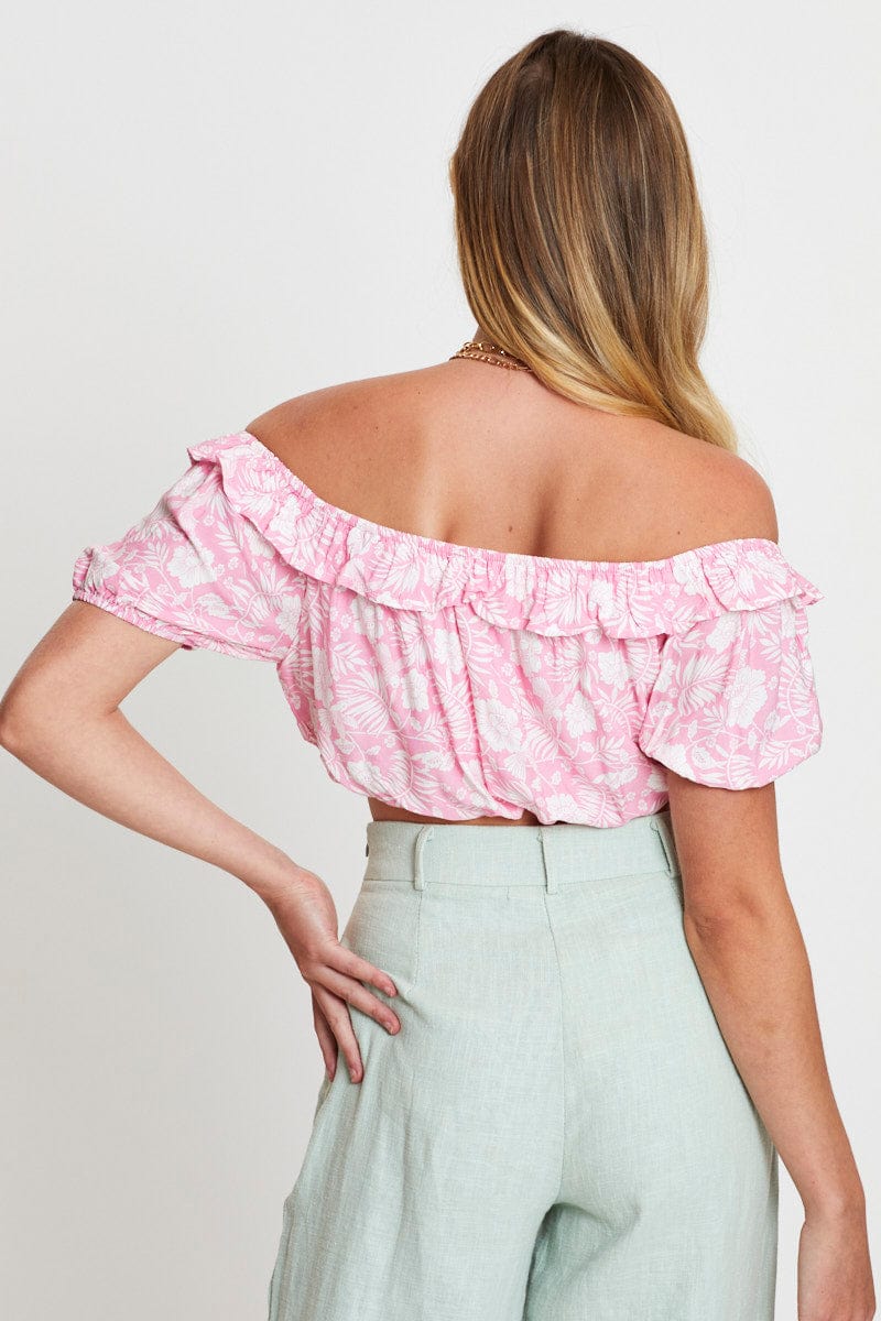 Boho Print Crop Top Short Sleeve Off Shoulder - Image 5