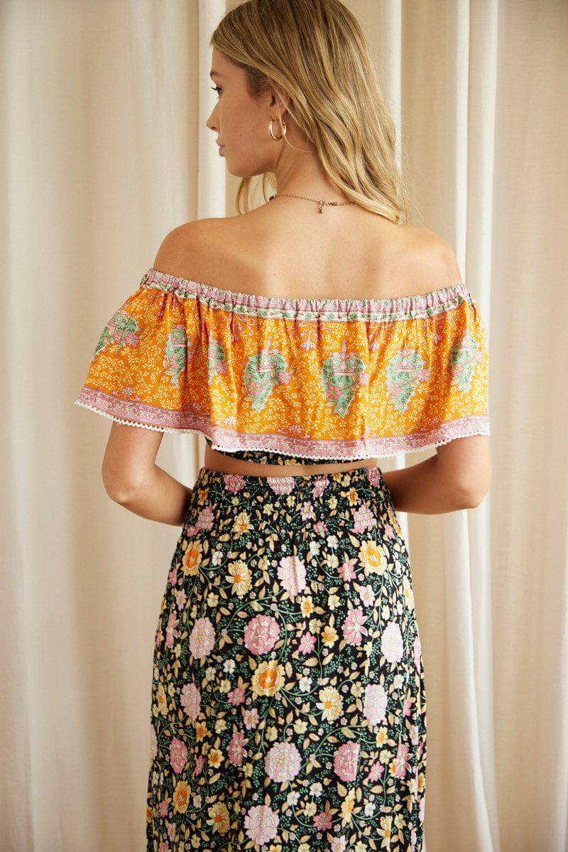 Boho Print Off Shoulder Shirred Waist Bardot Top - Image 5