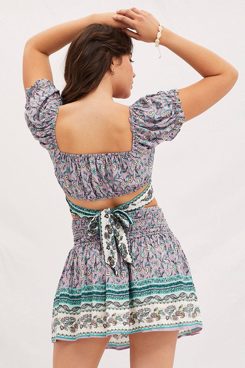 Boho Print Shirred Waist Boho Mini Skater Skirt - Image 5