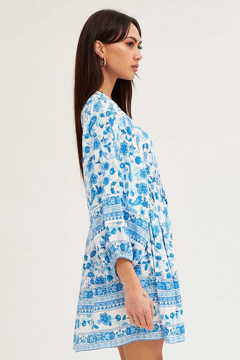 Boho Print Smock Dress Long Sleeve Mini V Neck - Image 4