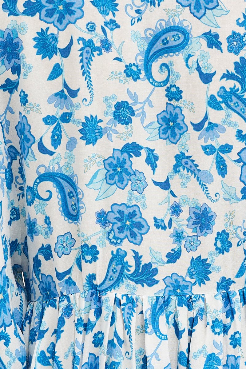 Boho Print Smock Dress Long Sleeve Mini V Neck - Image 6