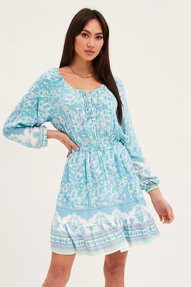 Boho Print Tie Waist Dress Long Sleeve Mini - Image 3