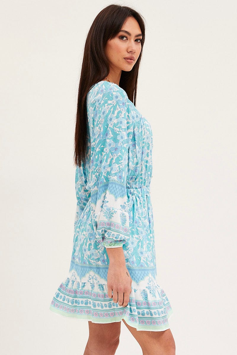 Boho Print Tie Waist Dress Long Sleeve Mini - Image 4