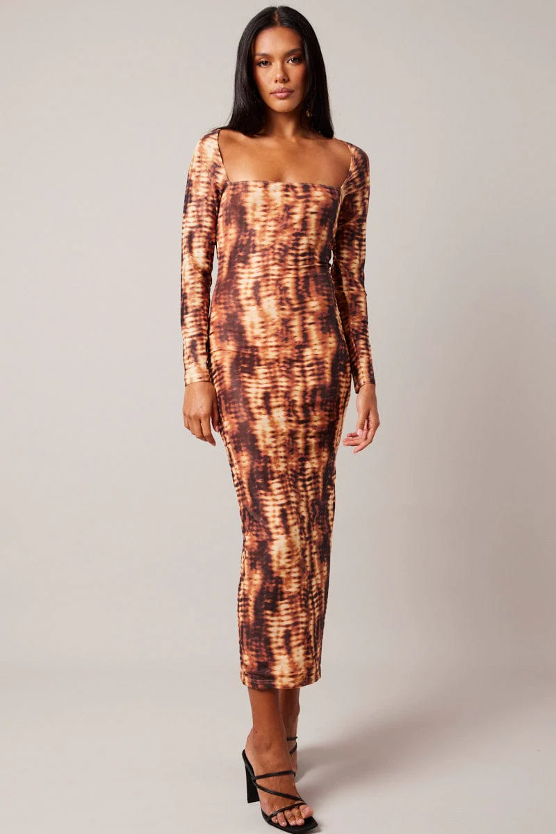 Brown Abstract Bodycon Dress Long Sleeve Square Neck Mesh - Image 2