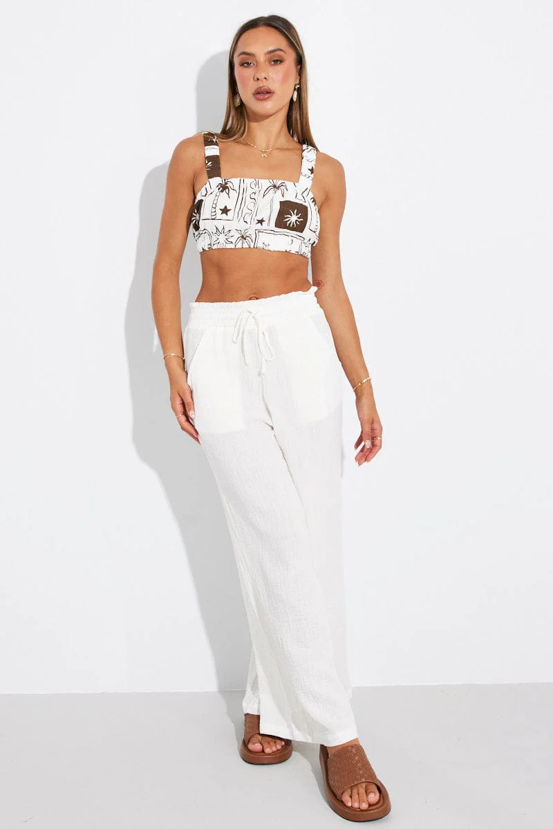 Brown Abstract Crop Top Square Neck Linen - Image 2
