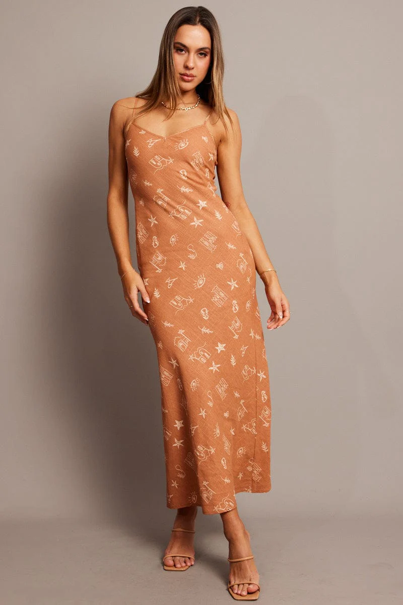 Brown Abstract Maxi Dress Bias Cut - Image 2