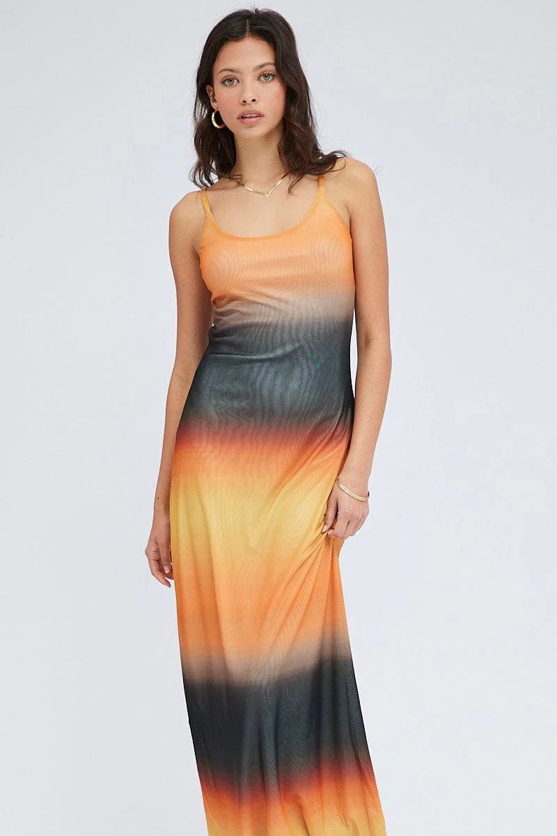 Brown Abstract Maxi Dress Sleeveless Mesh - Image 2