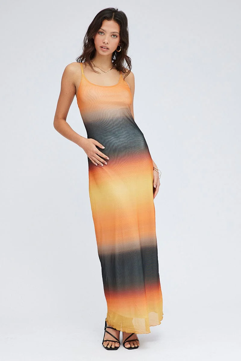Brown Abstract Maxi Dress Sleeveless Mesh - Image 3