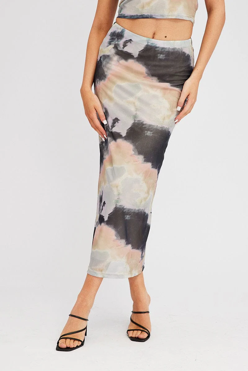 Brown Abstract Maxi Skirt High Rise Mesh - Image 2