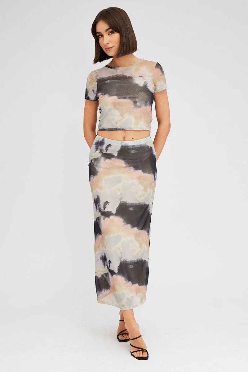 Brown Abstract Maxi Skirt High Rise Mesh - Image 3