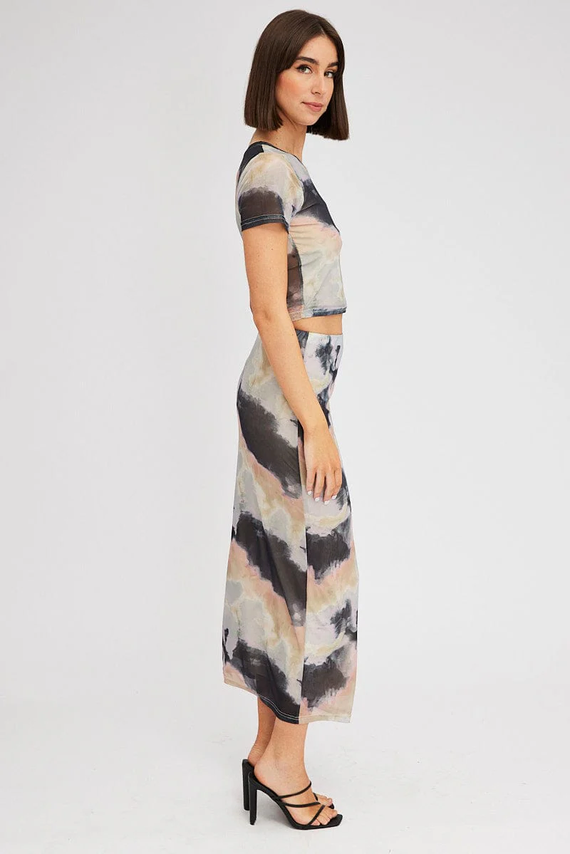 Brown Abstract Maxi Skirt High Rise Mesh - Image 4