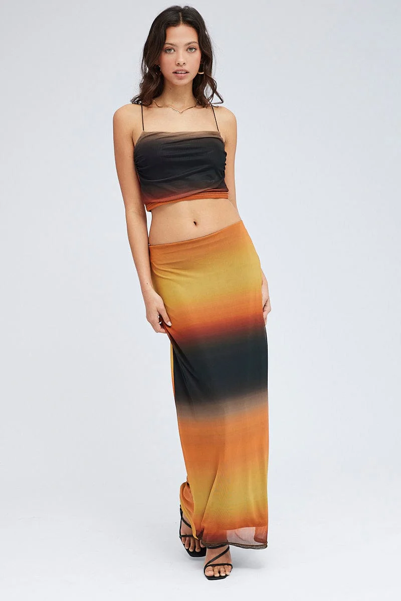 Brown Abstract Maxi Skirt Pencil High Rise Mesh - Image 3