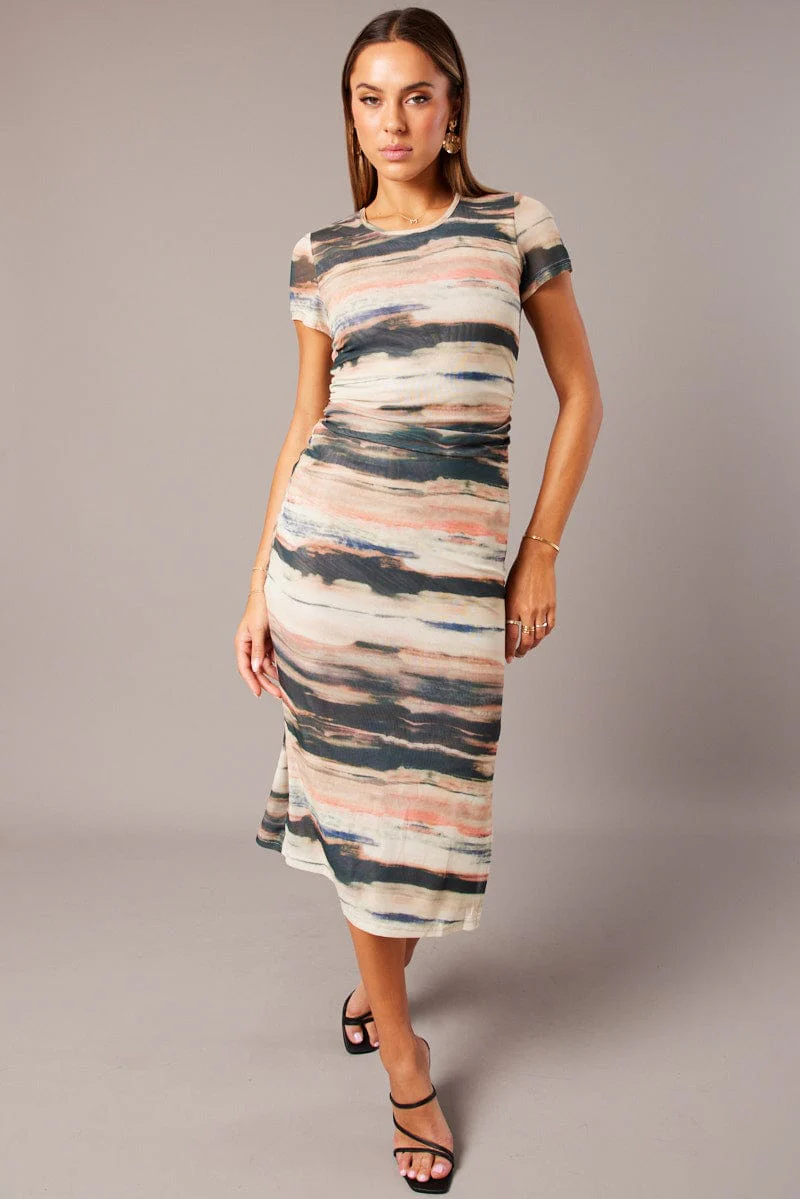 Brown Abstract Mesh Dress Short Sleeve - Image 2