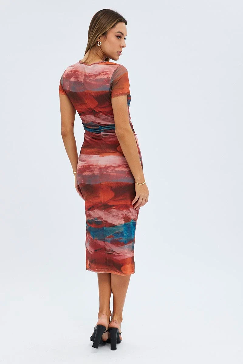 Brown Abstract Midi Dress Short Sleeve Bodycon Mesh - Image 5