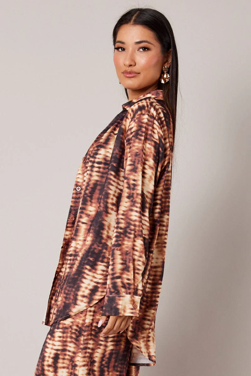 Brown Abstract Relaxed Shirt Long Sleeve Satin - Image 4