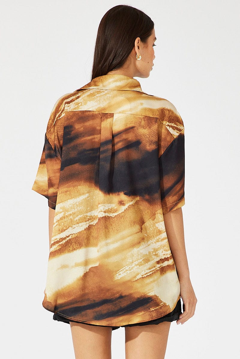 Brown Abstract Satin Shirt Short Sleeve - Image 5