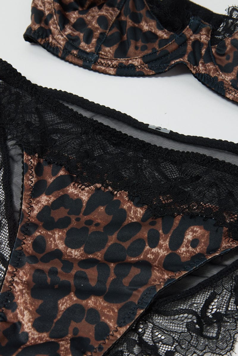 Brown Animal Print Lace Trim Lingerie Set - Image 3