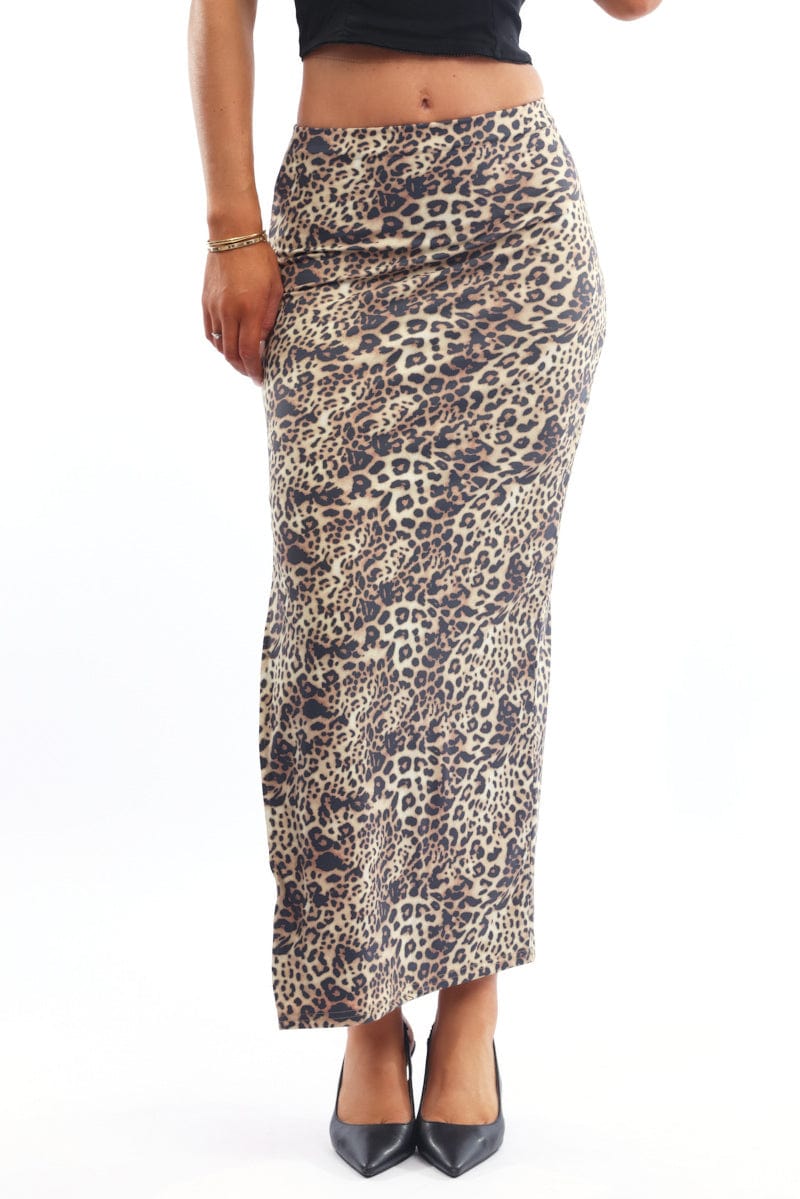 Brown Animal Print Leopard Maxi Skirt Side Split Lined Supersoft - Image 2