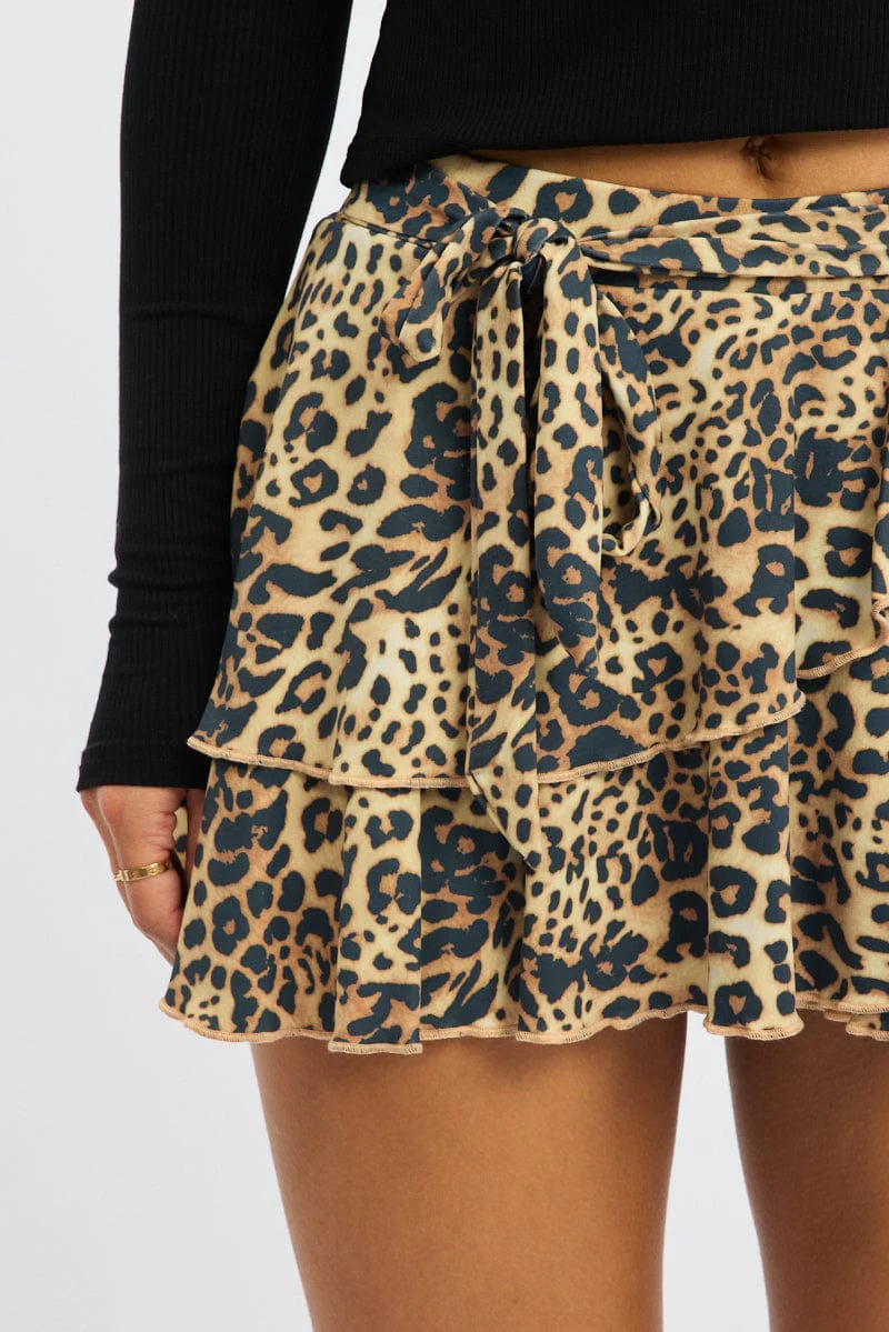 Brown Animal Print Mini Skort Mid Rise Ruffle Layered Lined Supersoft - Image 5