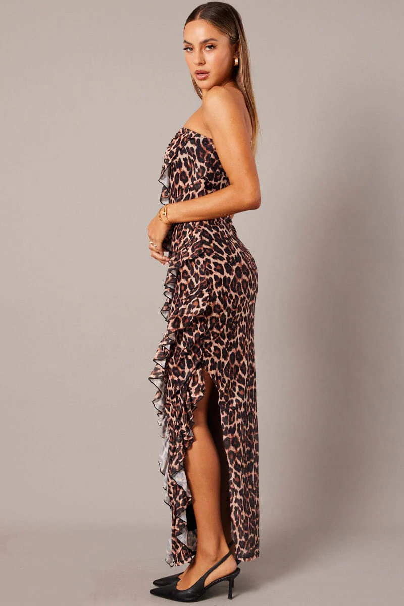 Brown Animal Print Ruffle Maxi Dress Strapless Bandeau Frilly Dress - Image 4