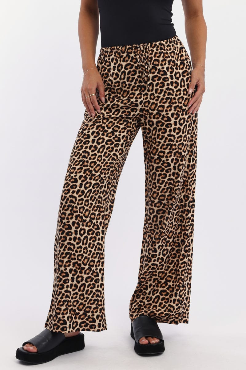 Brown Animal Print Wide Leg Pants Low Rise - Image 2
