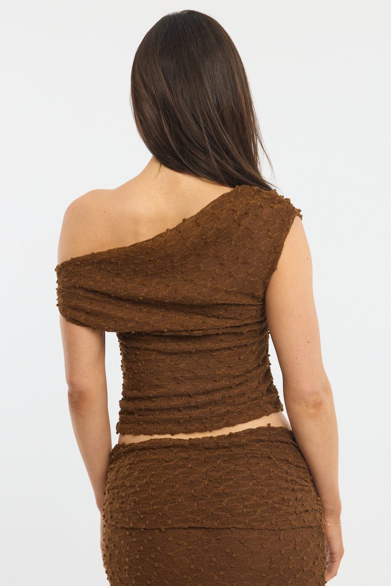 Brown Asymmetric Top Sleeveless One Shoulder Textured - Image 4